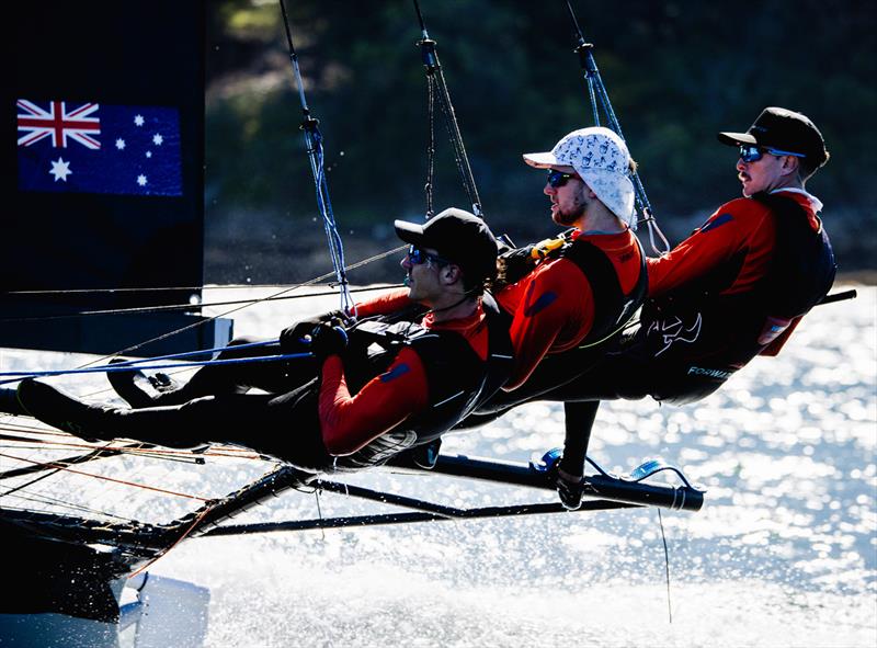 Crew action on The Kitchen Maker at the Giltinan Chmpionship photo copyright Suellen Hurling / Live Sail Die taken at Australian 18 Footers League and featuring the 18ft Skiff class