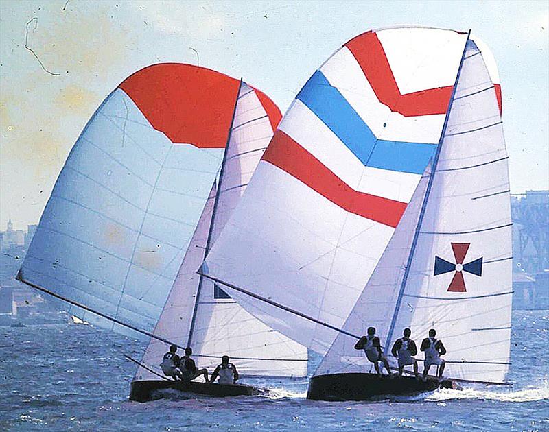 Aussie and Petver Projects on a NE spinnaker run in 1970-71 photo copyright John Steamer Stanley collection taken at Australian 18 Footers League and featuring the 18ft Skiff class