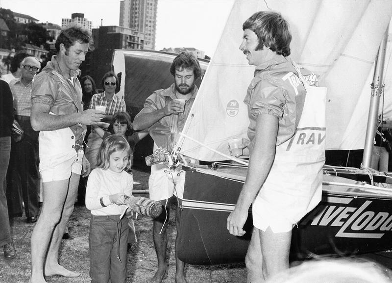 Christening of Travelodge 1975-76, Woody's first 18ft skiff - photo © John Steamer Stanley collection