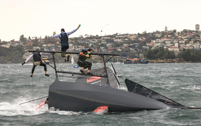 Crew in trouble, men overboard - 2025 SIXT Spring 18ft skiff Championship photo copyright SailMedia taken at Australian 18 Footers League and featuring the 18ft Skiff class