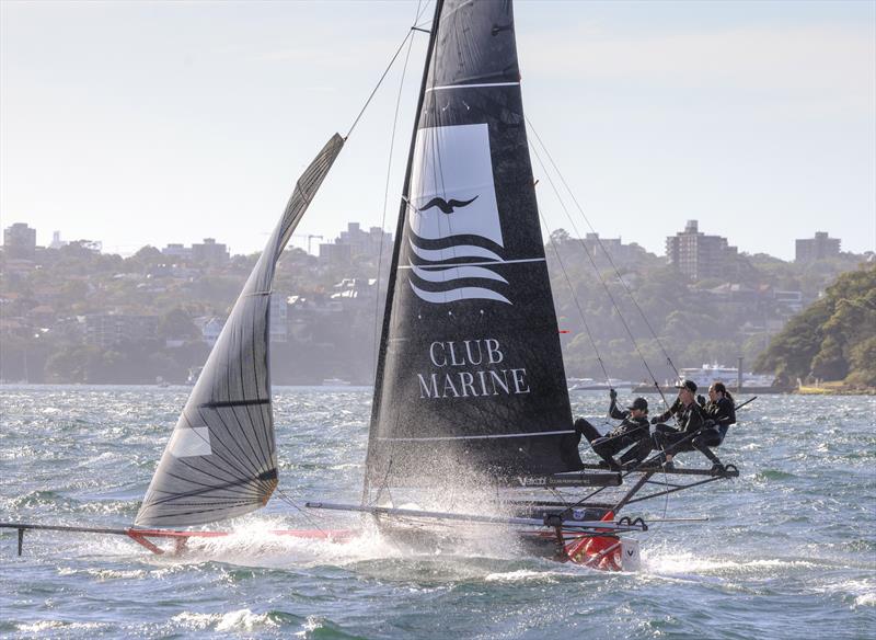 Determined finish for the Club Marine team - 18ft Skiff Club Championship Race 1 and SIXT Spring Championship Race 2 photo copyright SailMedia taken at Australian 18 Footers League and featuring the 18ft Skiff class