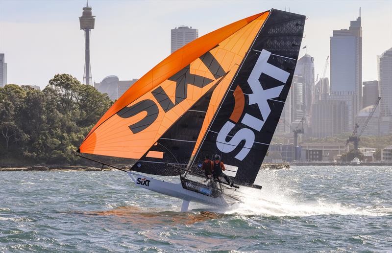 A high speed run to the wing mark off Shark Island for the Sixt crew in Race 2 photo copyright SailMedia taken at Australian 18 Footers League and featuring the 18ft Skiff class