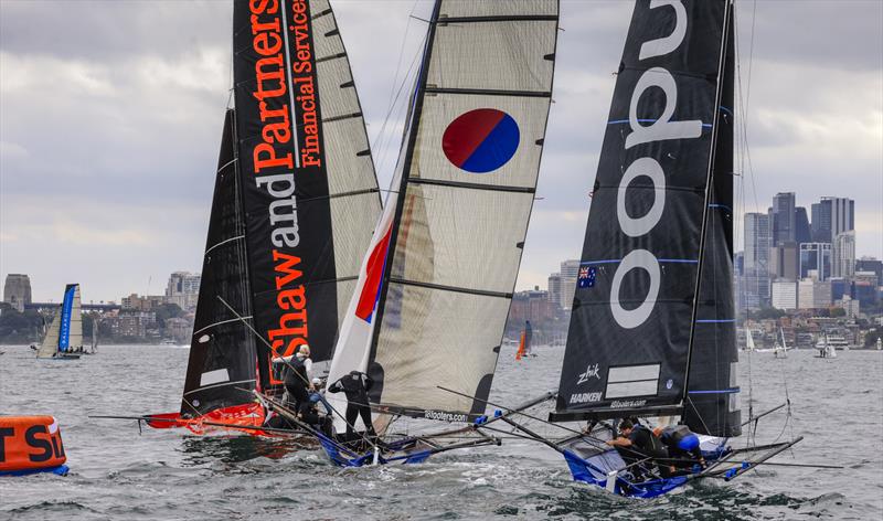 Tight for the lead at the second weather mark - 18ft Skiff Club Championship Race 2 and SIXT Spring Championship Race 4 photo copyright SailMedia taken at Australian 18 Footers League and featuring the 18ft Skiff class