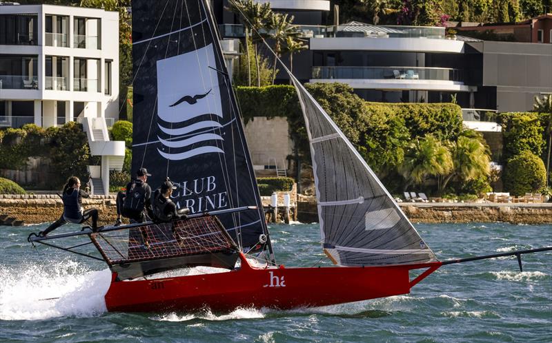Emma Rankin drives Club Marine hard to be one of only five finishers in the Spring Championship Race 2 photo copyright SailMedia taken at Australian 18 Footers League and featuring the 18ft Skiff class