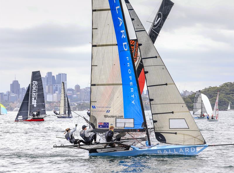 Bec Hancock has Sotheby's Ballard Property in third place at the weather mark photo copyright SailMedia taken at Australian 18 Footers League and featuring the 18ft Skiff class