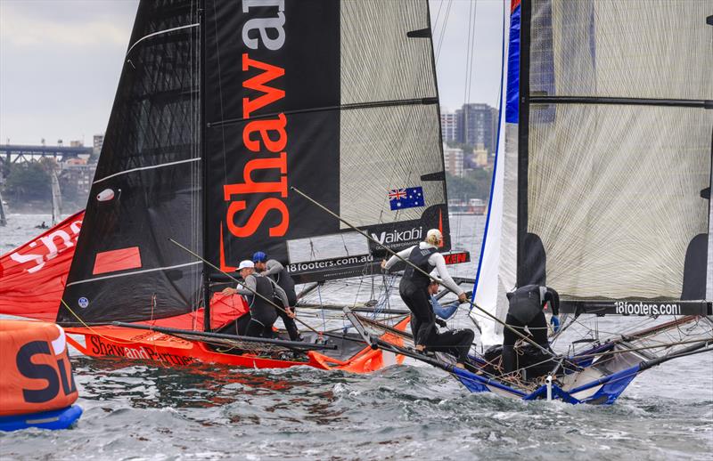 Narrow lead for Shaw and Partners as spinnakers are set for the first run in last Sunday's Spring Championship Race 4 photo copyright SailMedia taken at Australian 18 Footers League and featuring the 18ft Skiff class
