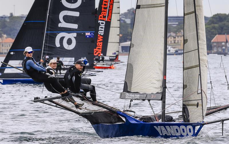 Tash Bryant's smile tells it all as Yandoo heads for victory photo copyright SailMedia taken at Australian 18 Footers League and featuring the 18ft Skiff class