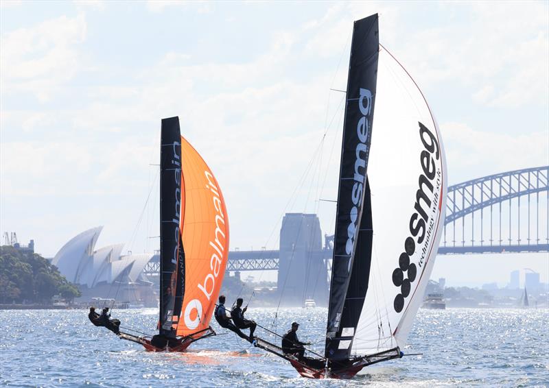 18ft Skiff NSW Championship Day 1 - Balmain wins Race 1 from Smeg - photo © SailMedia
