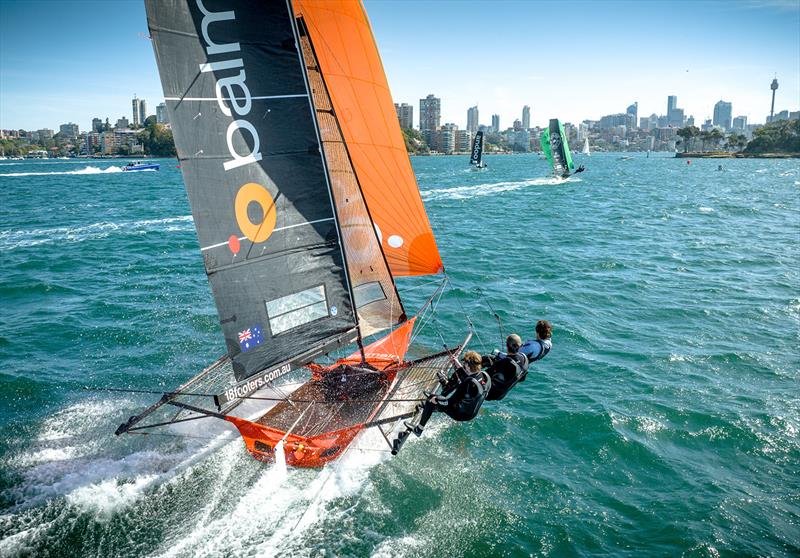Close up look at the Balmain team going downwind photo copyright SailMedia taken at Australian 18 Footers League and featuring the 18ft Skiff class