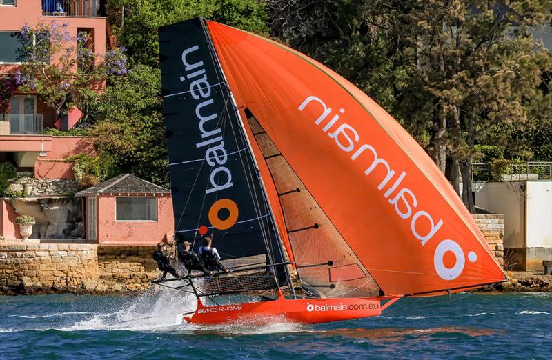 North East spinnaker run to the finish line photo copyright SailMedia taken at Australian 18 Footers League and featuring the 18ft Skiff class