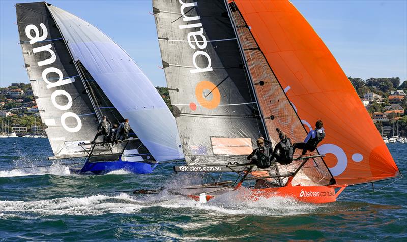 Balmain racing alongside Giltinan champion Andoo photo copyright SailMedia taken at Australian 18 Footers League and featuring the 18ft Skiff class
