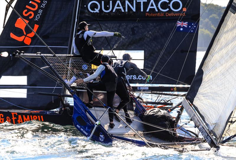 18ft Skiff NSW Championship - Close moment for Yandoo and Rag and Famish Hotel - photo © SailMedia