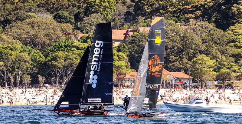 Tight battle between Rag and Famish and Smeg off Neilsen Park photo copyright SailMedia taken at Australian 18 Footers League and featuring the 18ft Skiff class