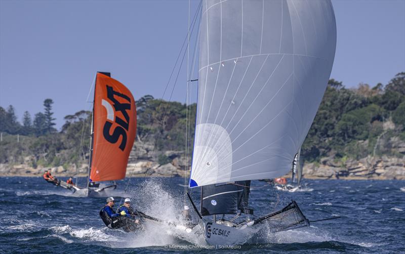 GC Sails leads Sixt down the run before capsizing in Race 1 - Balmain Cup photo copyright SailMedia taken at Australian 18 Footers League and featuring the 18ft Skiff class