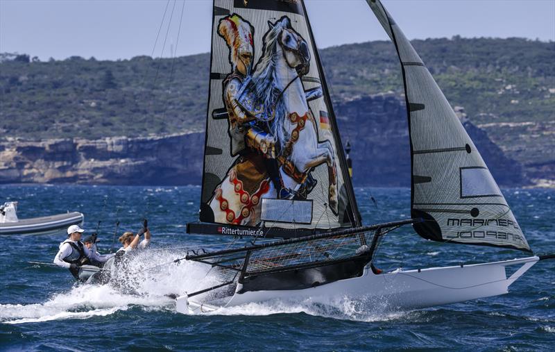 Heading for the weather mark - 18ft Skiff Club Championship Race 14 and Season Point Score Race 20 photo copyright SailMedia taken at Australian 18 Footers League and featuring the 18ft Skiff class