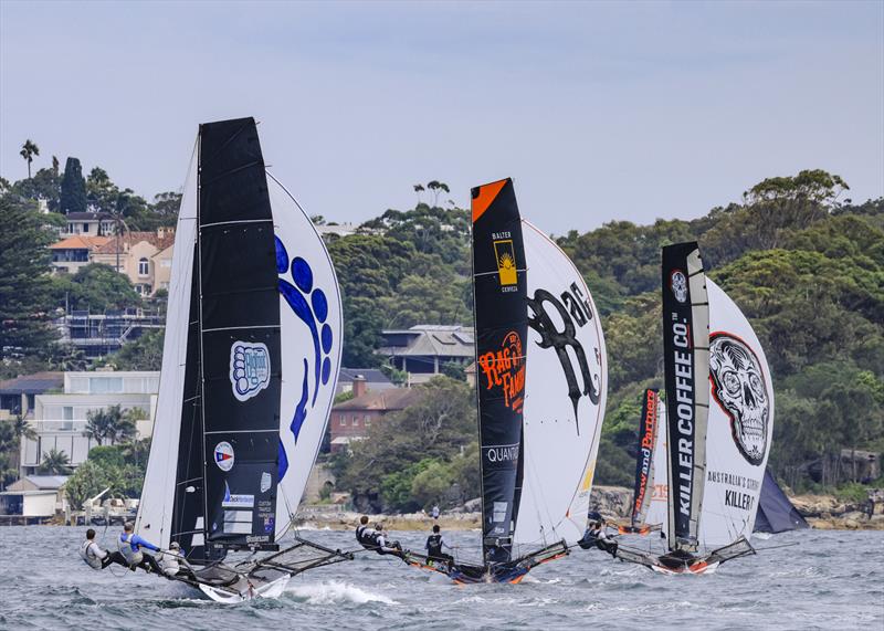 The pack chase the leaders on the first run - 18ft Skiff Club Championship Race 14 and Season Point Score Race 20 photo copyright SailMedia taken at Australian 18 Footers League and featuring the 18ft Skiff class