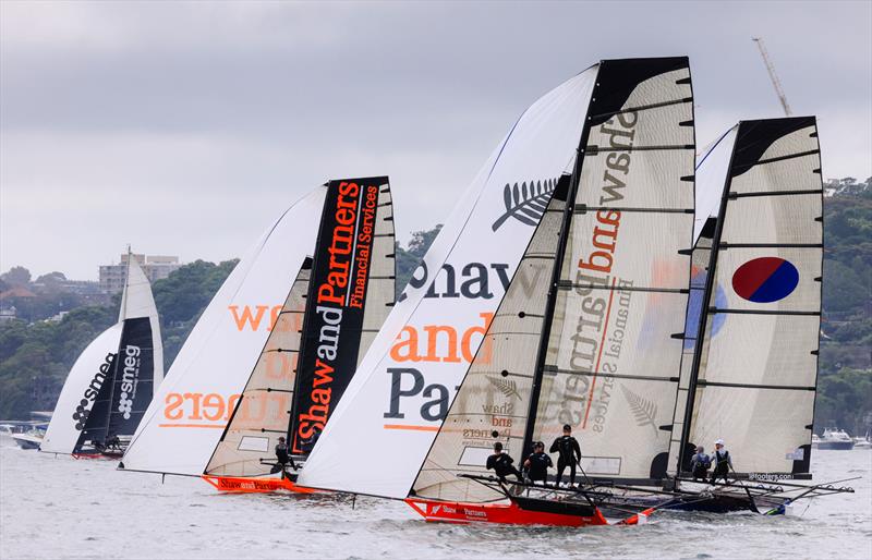 JJ Giltinan 18ft Skiff World Championship 2026 Invitation Race - Smeg leads down the first spinnaker run - photo © SailMedia