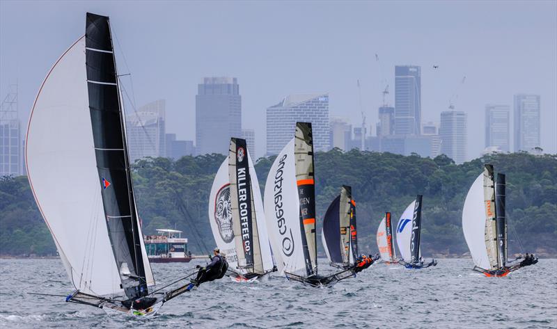 JJ Giltinan 18ft Skiff World Championship 2026 Race 1 - The first spinnaker run photo copyright SailMedia taken at Australian 18 Footers League and featuring the 18ft Skiff class