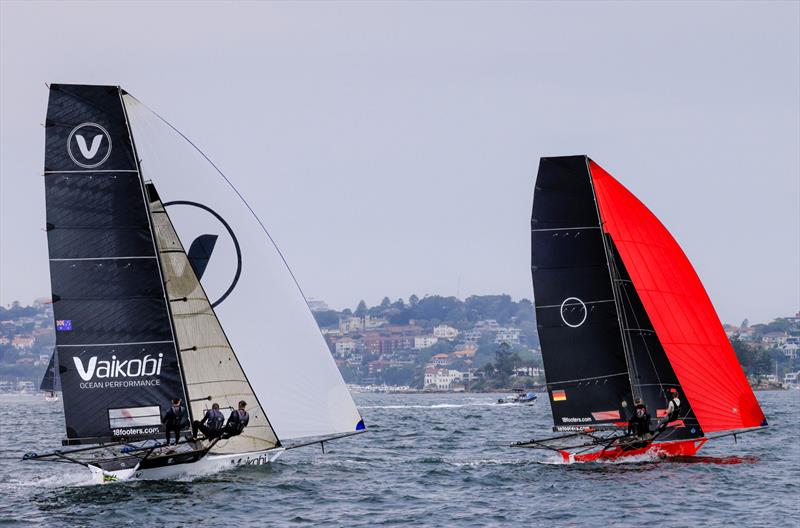 JJ Giltinan 18ft Skiff World Championship 2026 Race 1 - Berlin Bears leads Vaikobi on the first lap of the course photo copyright SailMedia taken at Australian 18 Footers League and featuring the 18ft Skiff class