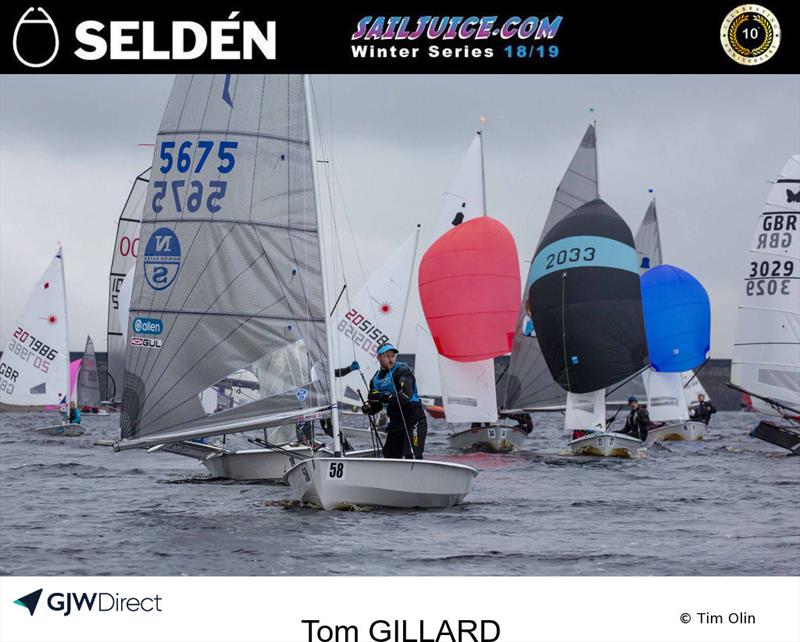 Tom Gillard in front of fleet during the Yorkshire Dales Brass Monkey photo copyright Tim Olin / www.olinphoto.co.uk taken at Yorkshire Dales Sailing Club and featuring the Solo class