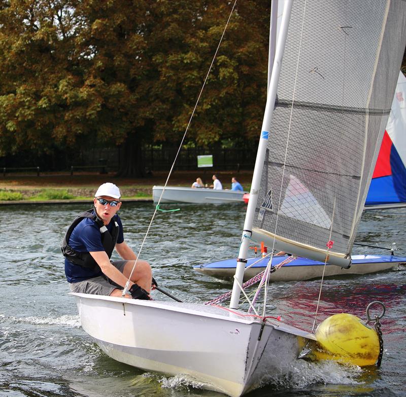 Solo class winner Nick Titley (Twickenham) shaves a mooring buoy in the pre start at the Minima Regatta 2022. He's about three metres out heading straight for the bank, hence the expression of concentration photo copyright Rehanna Neky taken at Minima Yacht Club and featuring the Solo class