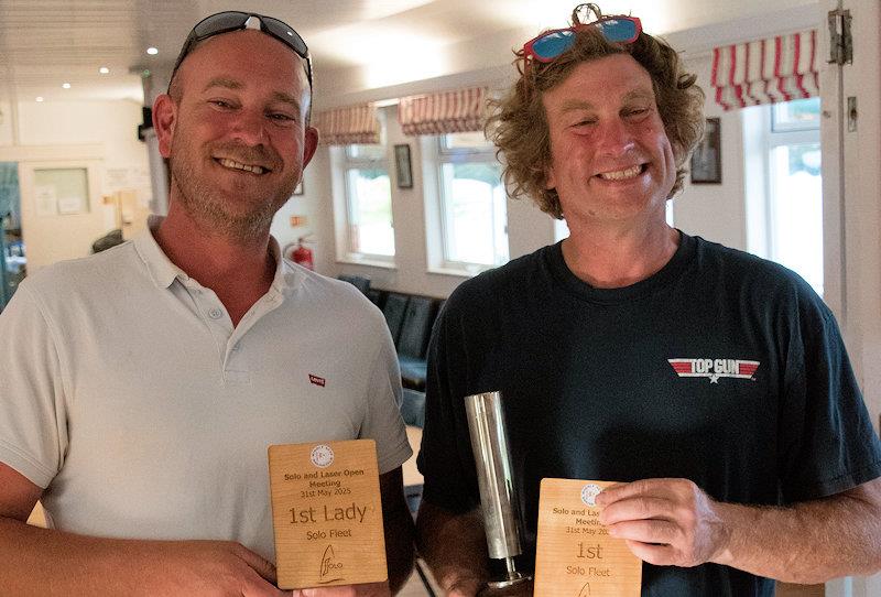 Mark Greer receives the 1st Solo trophy and the One Up Cup trophy from Vice Commodore Roo Jarvis - Solo and Laser Open Meeting at Middle Nene - photo © David Livingstone