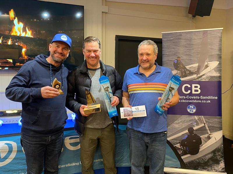 Prize winners (l-r) Ewan Birkin-Walls, Maertin Honnor, Chris Brown at the Solo Midland Championship photo copyright Will Loy taken at Northampton Sailing Club and featuring the Solo class