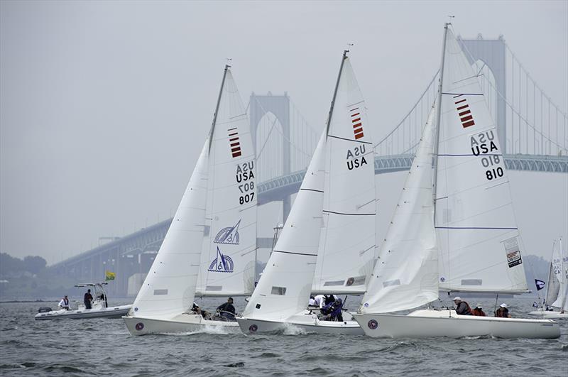 Sonars start line Clagett 2017 photo copyright Ro Fernandez taken at Sail Newport and featuring the Sonar class