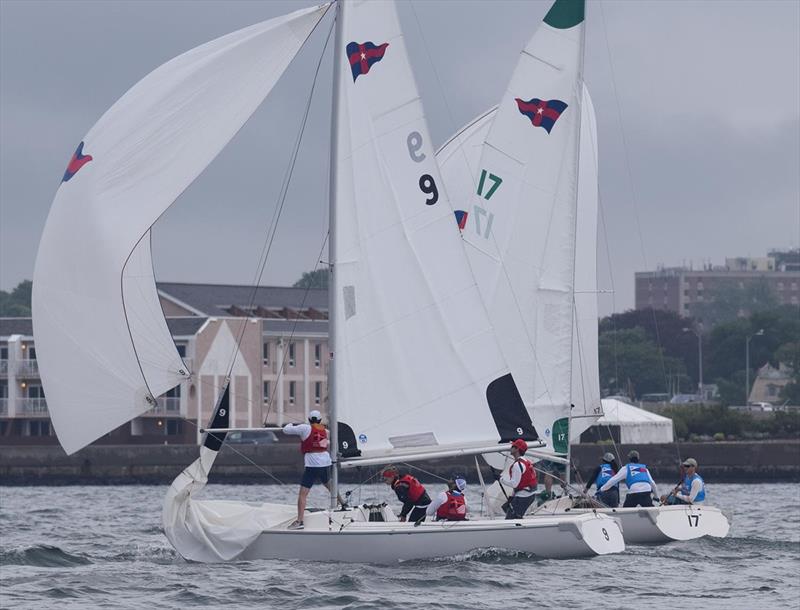 St. Francis Yacht Club, in blue pinnies, battles the New York Yacht Club team led by Erik Storck - 2018 New York Yacht Club Invitational Team Race for the Morgan Cup photo copyright Susan Daly taken at New York Yacht Club and featuring the Sonar class