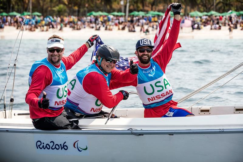 Rick Doerr (Clifton, N.J., left), Hugh Freund (South Freeport, Maine, center) and Brad Kendell (Tampa, Fla., right) secure silver at Rio 2016. photo copyright Richard Langdon / World Sailing taken at Iate Clube do Rio de Janeiro and featuring the Sonar class