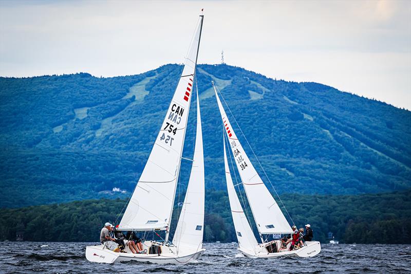 2022 Sonar World Championship - Nefarious and Ping crossing tacks with Mount Sunapee Resort looming ahead - photo © John Quackenboss