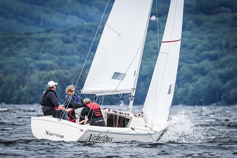 2022 Sonar World Championship - Nefarious in tight quarters at the start photo copyright John Quackenboss taken at Lake Sunapee Yacht Club and featuring the Sonar class