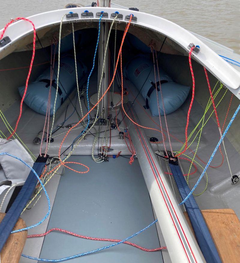 The interior of Squib number 14 'Firecracker' after restoration photo copyright Dan Wastnage taken at Royal Corinthian Yacht Club and featuring the Squib class