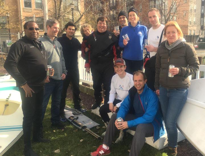 Some of the intrepid Frostbite Racers gather around the awards podium after the first week of sailing photo copyright Manhattan Yacht Club taken at Manhattan Yacht Club and featuring the Sunfish class