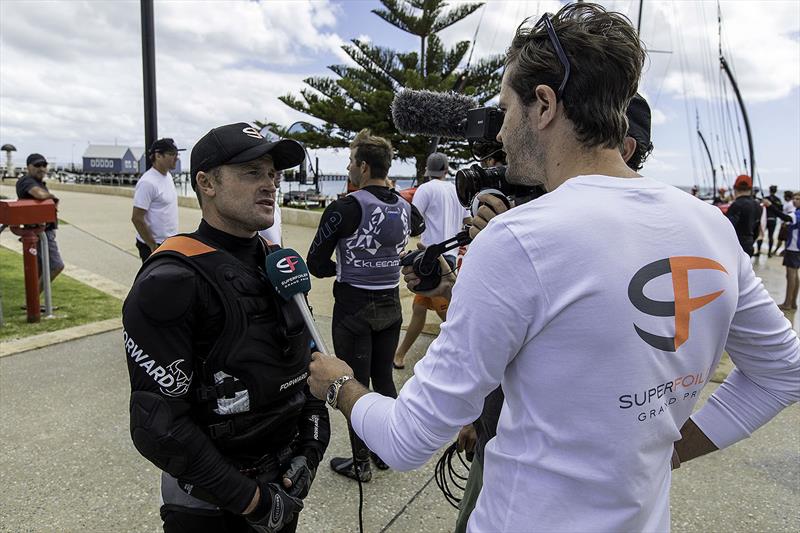 Glenn Ashby is interviewed during the Busselton leg of the SuperFoiler Grand Prix photo copyright Andrea Francolini taken at Woollahra Sailing Club and featuring the Superfoiler class