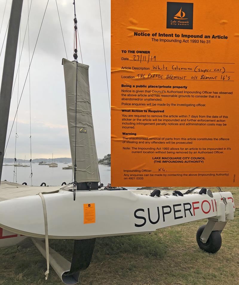 The SuperFoiler and its trailer outside the Belmont 16 Foot Skiff Club - oh, and they are about to be impounded... oops photo copyright Event Media taken at Belmont 16ft Sailing Club and featuring the Superfoiler class