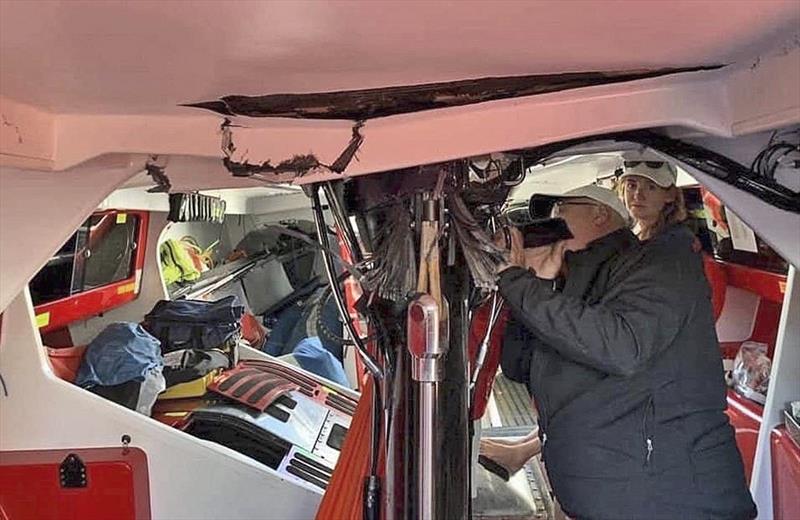 Damage to Wild Oats XI as bottom section of mast fails, and loads up the deck. - photo © Voile Dock Talk