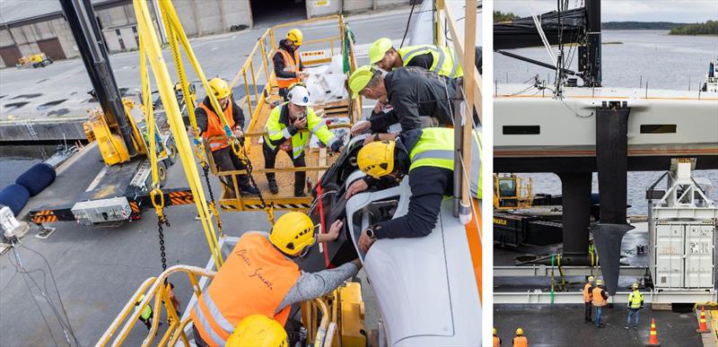 Baltic 111 Custom foil-assisted superyacht 'Raven' - Baltic's build team connect Raven's side arms inserting the pin to complete the hinge mechanism photo copyright Eva-Stina Kjellman taken at  and featuring the Superyacht class