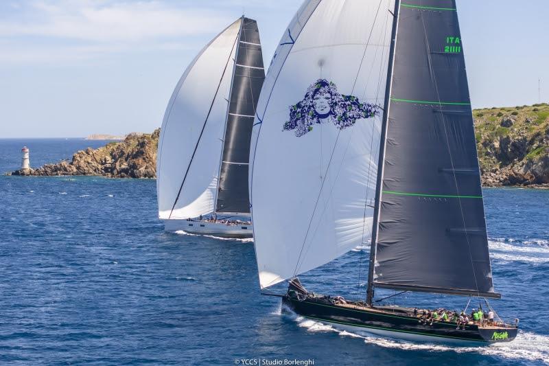 Anomaly and Morgana with gennakers hoisted at Capo Ferro, Giorgio Armani Superyacht Regatta 2025 photo copyright YCCS / Studio Borlenghi taken at Yacht Club Costa Smeralda and featuring the Superyacht class