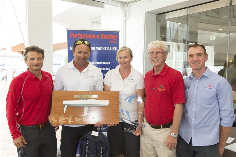 Brenton and Jen Carnell with the Lou Abrahams Trophy at the Sydney 38 Pittwater Regatta photo copyright Andrea Francolini taken at Royal Prince Alfred Yacht Club and featuring the Sydney 38 class