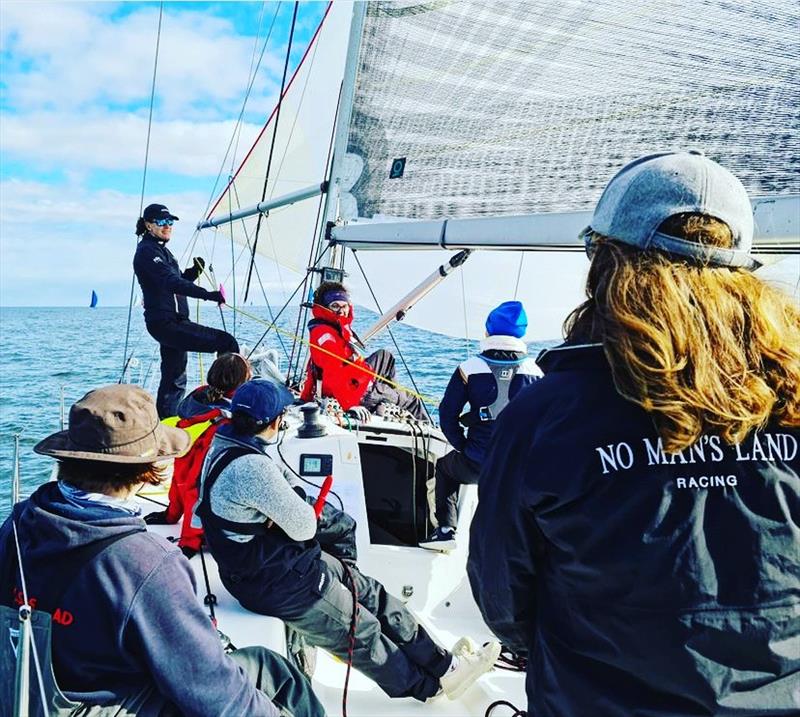 Sal Balharrie and her all female crew onboard Sydney 38 No Man's Land under spinnaker photo copyright Sal Balharrie taken at Queenscliff Cruising Yacht Club and featuring the Sydney 38 class