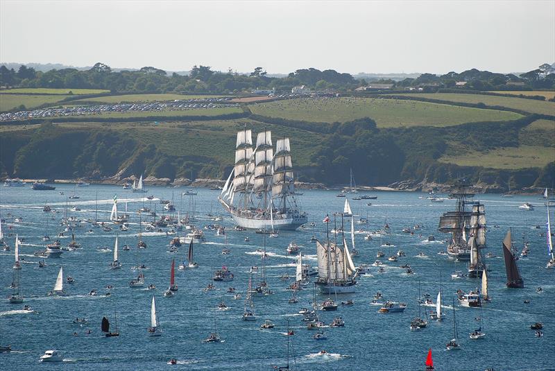 Dar Mlodziezy leads the Parade of Sail ahead of the Tall Ships Race 2014 start in Falmouth photo copyright Clive Reffell / www.photoboxgallery.com/ahoythere taken at  and featuring the Tall Ships class