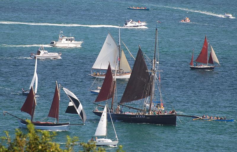 The Lowestoft Smack 'Excelsior', LT472. Behind is Leila, a Victorian cutter from 1892 (sail 1190) at the Tall Ships Race 2014 start in Falmouth photo copyright Clive Reffell / www.photoboxgallery.com/ahoythere taken at  and featuring the Tall Ships class