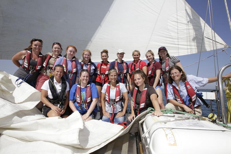 HRH The Countess of Wessex (centre) and her daughter Lady Louise Mountbatten-Windsor behind, fourth from right) join ASTO General Manager Lucy Gross (front right) and trainees from across the UK and Ireland on Donald Searle for a day sail on the Solent photo copyright Max Mudie for ASTO taken at  and featuring the Tall Ships class