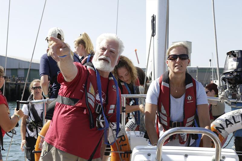 HRH The Countess of Wessex takes the helm of the Rona Sailing Project's Donald Searle under the watchful eye of volunteer skipper Bill Jermey whilst sailing with a group of teenage trainees from across the UK and Ireland for a day sail on the Solent photo copyright Max Mudie for ASTO taken at  and featuring the Tall Ships class