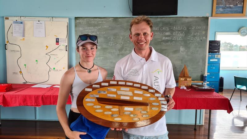 Hugh and Bec receive the trophy at the NSW Tasar State Championship 2021 - photo © Craig Greenhill