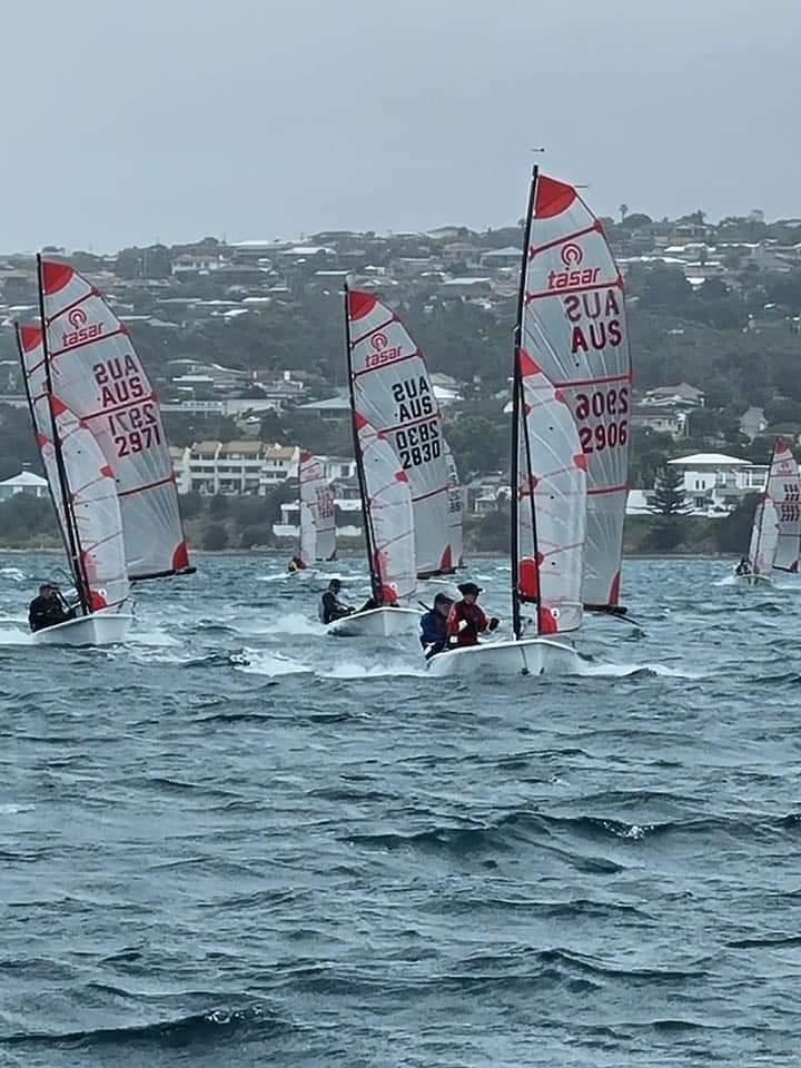 In full throttle reaching to a wing mark: Mark & Ollie Bulka #2971; Stuart Templeton & Nicole Kidman #2830 & Ralph & Imy Stanford #2906 during the Tasar 47th Australian Nationals at Port Lincoln, SA photo copyright Richard Davidson taken at Port Lincoln Yacht Club and featuring the Tasar class