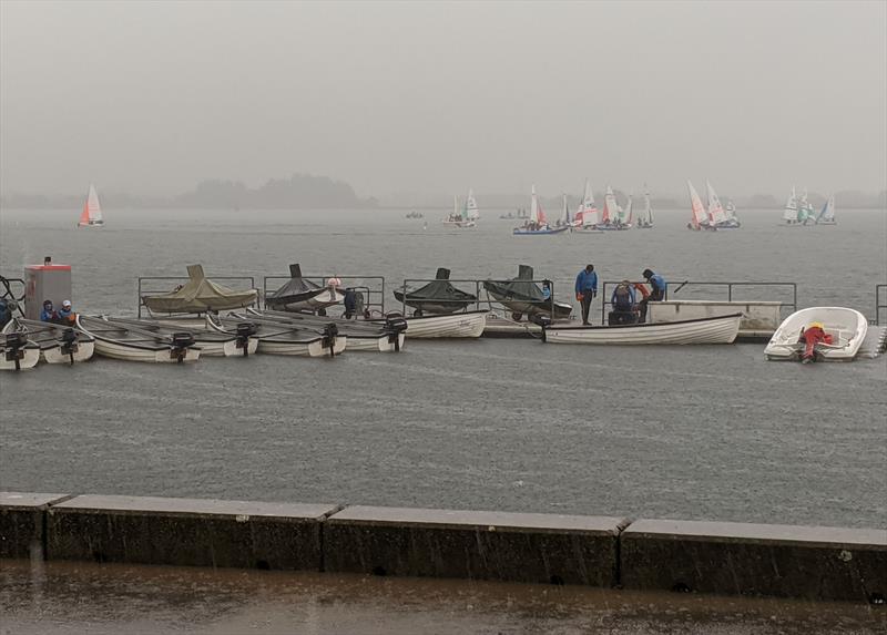 Torrential rain on Sunday during the RYA Eric Twiname Youth and Junior Team Racing Championship photo copyright Mark Jardine taken at Oxford Sailing Club and featuring the Team Racing class