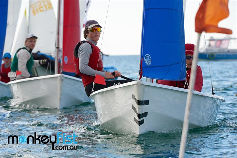 Xavier College lining up for the pin end of the start - 2018 Australian Schools Team Sailing Championships photo copyright Jennifer Medd taken at Blairgowrie Yacht Squadron and featuring the Team Racing class