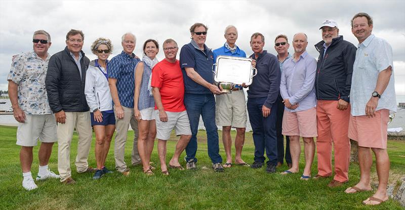 Jon Andron, Chris Perkins, Jon Perkins, Alison Rowe, Craig Healey, Tom Ducharme, Peter Vessella, Sean Svendsen, Tracy Usher, Will Sharron, Gerard Sheridan and Mike Bishop (with NYYC Rear Commodore Paul Zabetakis, second from right) photo copyright Stuart Streuli / New York Yacht Club taken at New York Yacht Club and featuring the Team Racing class